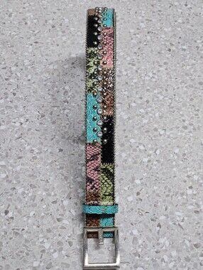 Guess Multi-Color Patchwork Belt with Rhinestones Size XL Y2K